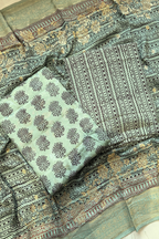 Hand Block bagh Printed Suit Set With Banarasi Weaving - Greenish Sea Blue color