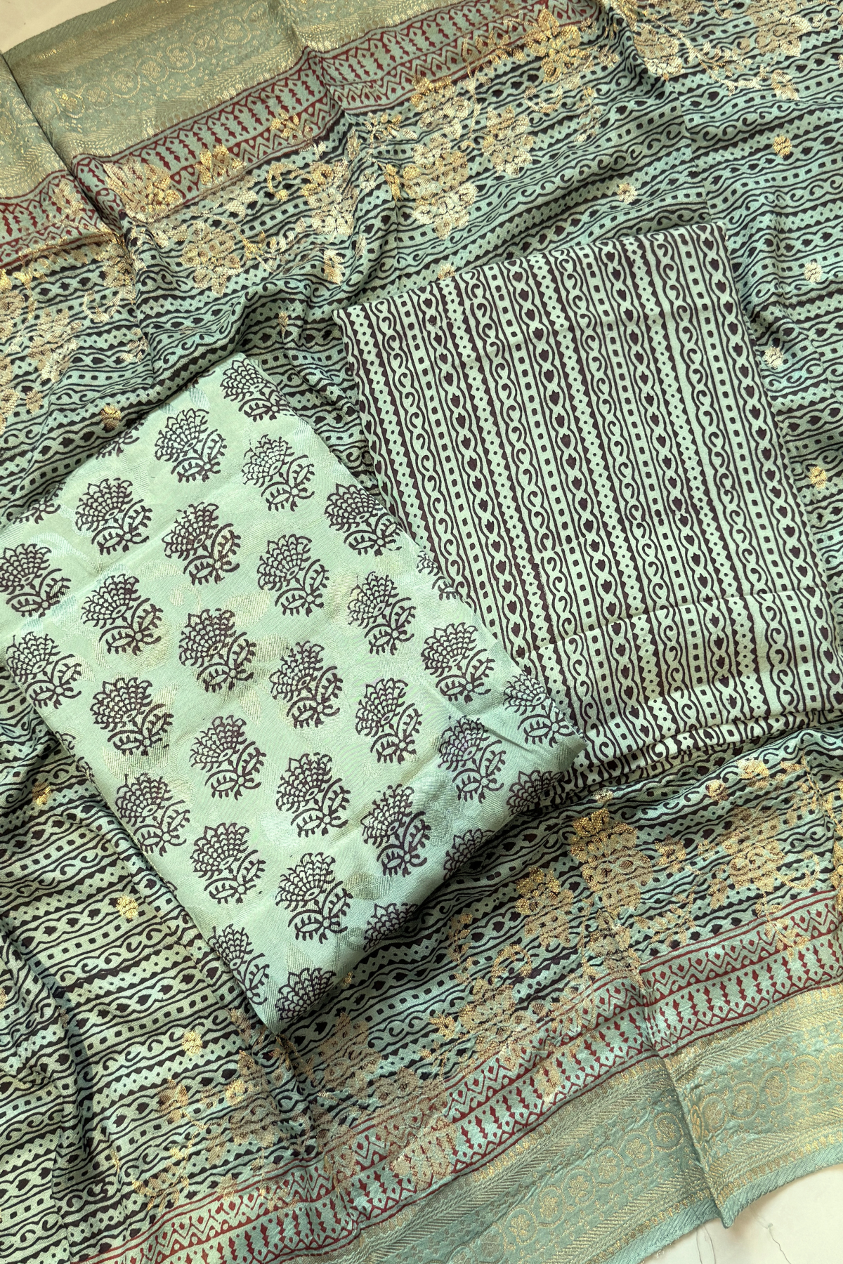 Hand Block bagh Printed Suit Set With Banarasi Weaving - Greenish Sea Blue color