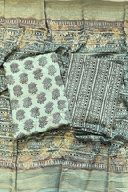 Hand Block bagh Printed Suit Set With Banarasi Weaving - Greenish Sea Blue color