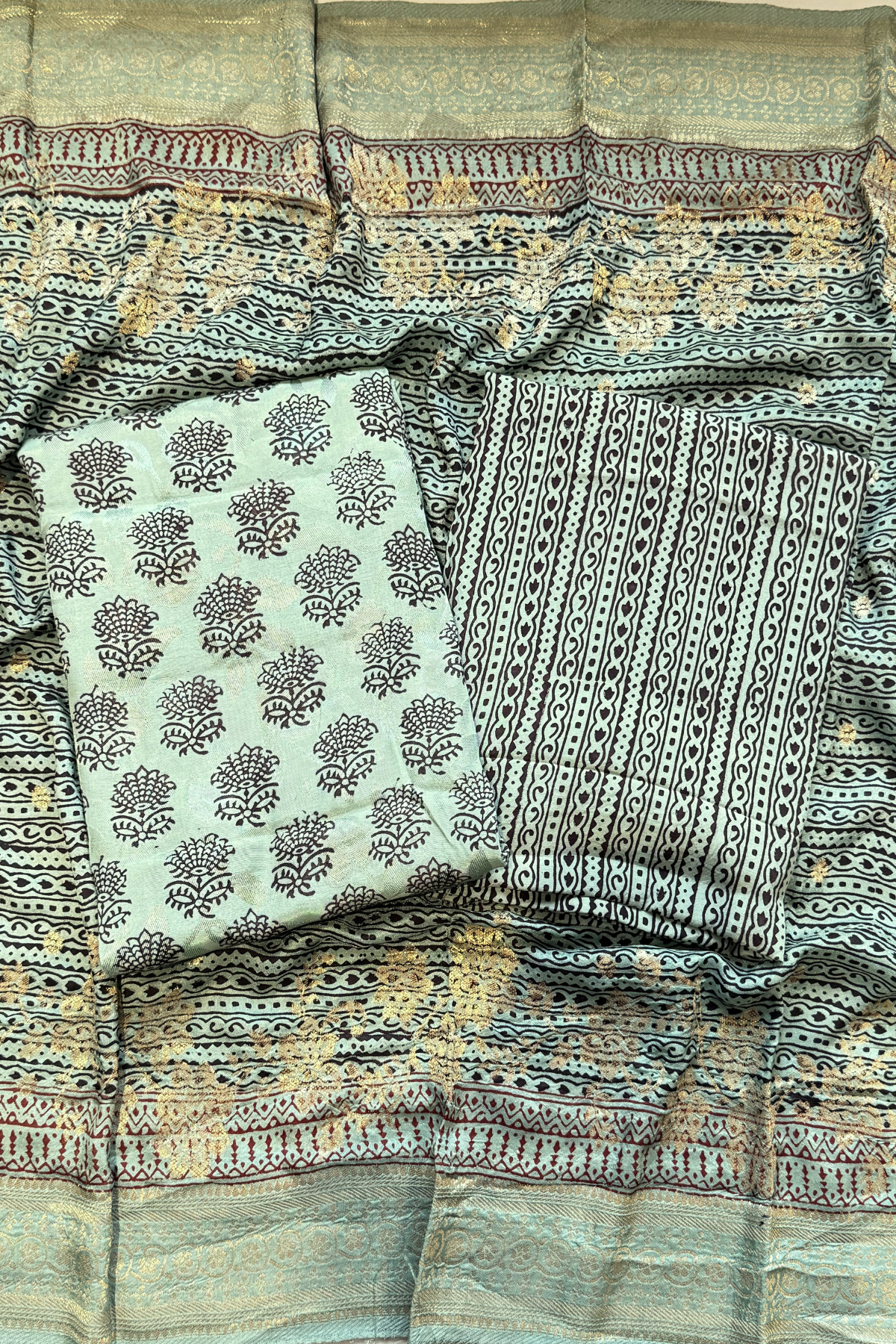 Hand Block bagh Printed Suit Set With Banarasi Weaving - Greenish Sea Blue color