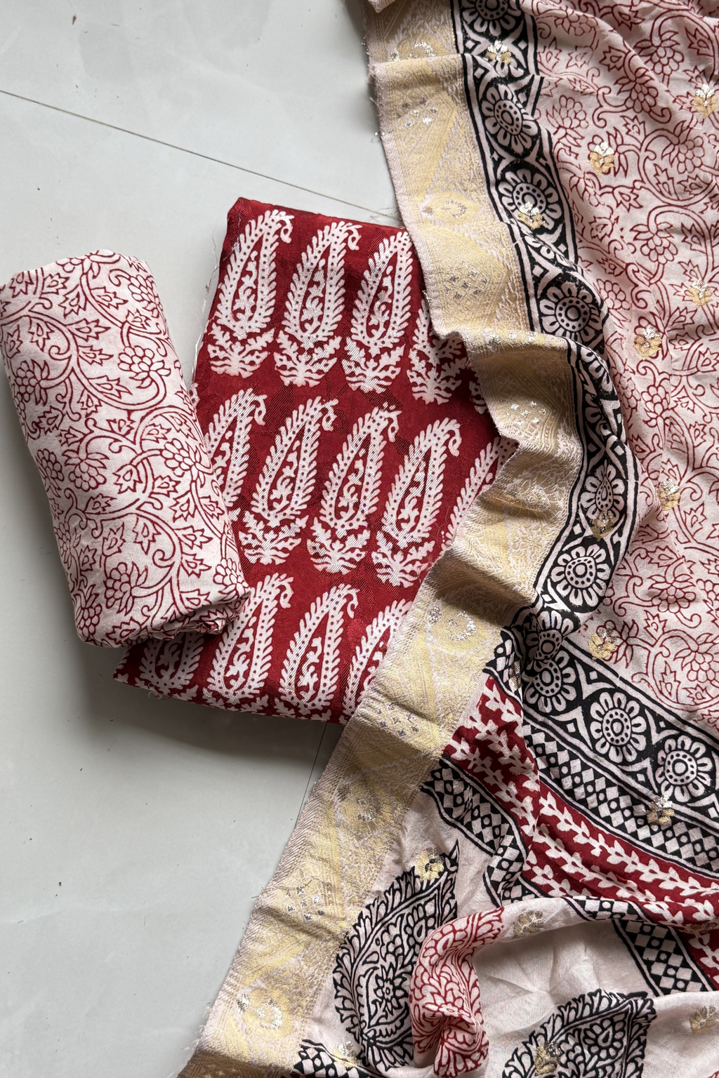 Hand Block bagh Printed Suit Set With Banarasi Weaving - Red Maroon Color