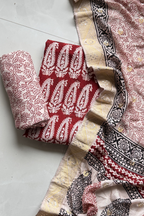 Hand Block bagh Printed Suit Set With Banarasi Weaving - Red Maroon Color