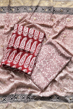 Hand Block bagh Printed Suit Set With Banarasi Weaving - Red Maroon Color