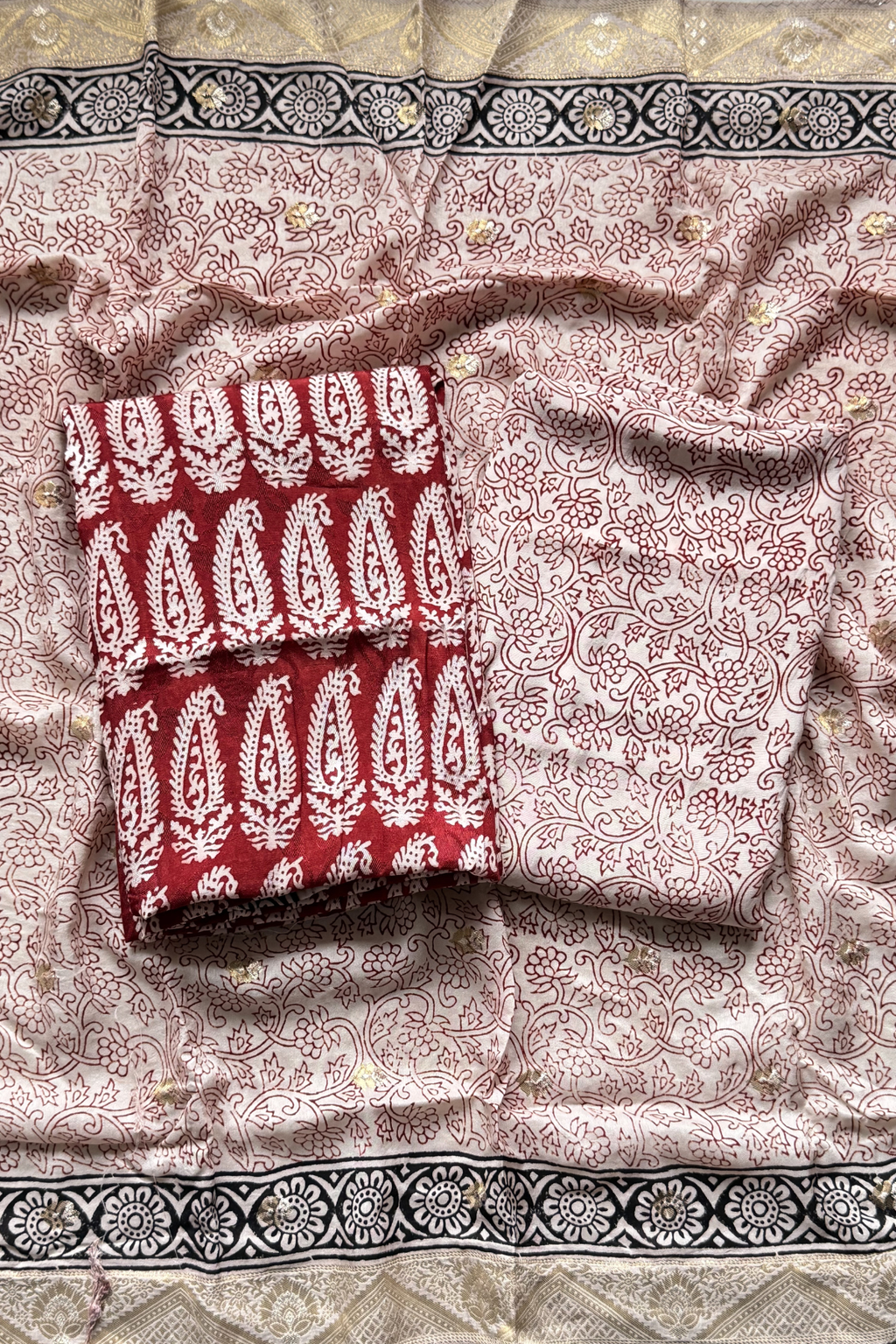Hand Block bagh Printed Suit Set With Banarasi Weaving - Red Maroon Color