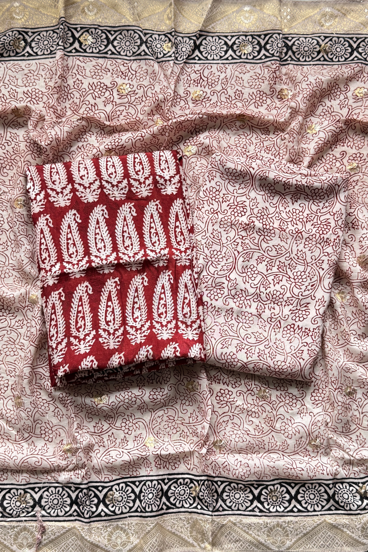 Hand Block bagh Printed Suit Set With Banarasi Weaving - Red Maroon Color