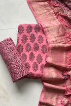 Hand Block bagh Printed Suit Set With Banarasi Weaving - Taffy Pink Color