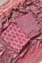 Hand Block bagh Printed Suit Set With Banarasi Weaving - Taffy Pink Color