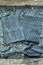 Hand Block bagh Printed Suit Set With Banarasi Weaving -  Dark teal blue color
