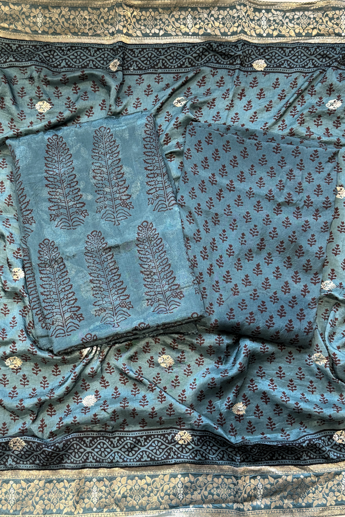 Hand Block bagh Printed Suit Set With Banarasi Weaving -  Dark teal blue color