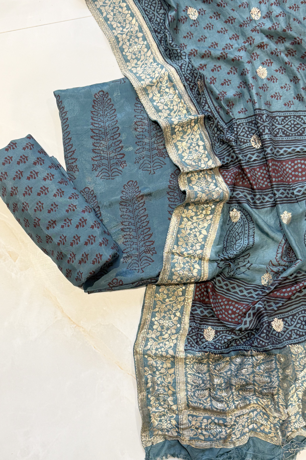Hand Block bagh Printed Suit Set With Banarasi Weaving -  Dark teal blue color
