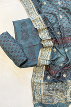 Hand Block bagh Printed Suit Set With Banarasi Weaving -  Dark teal blue color