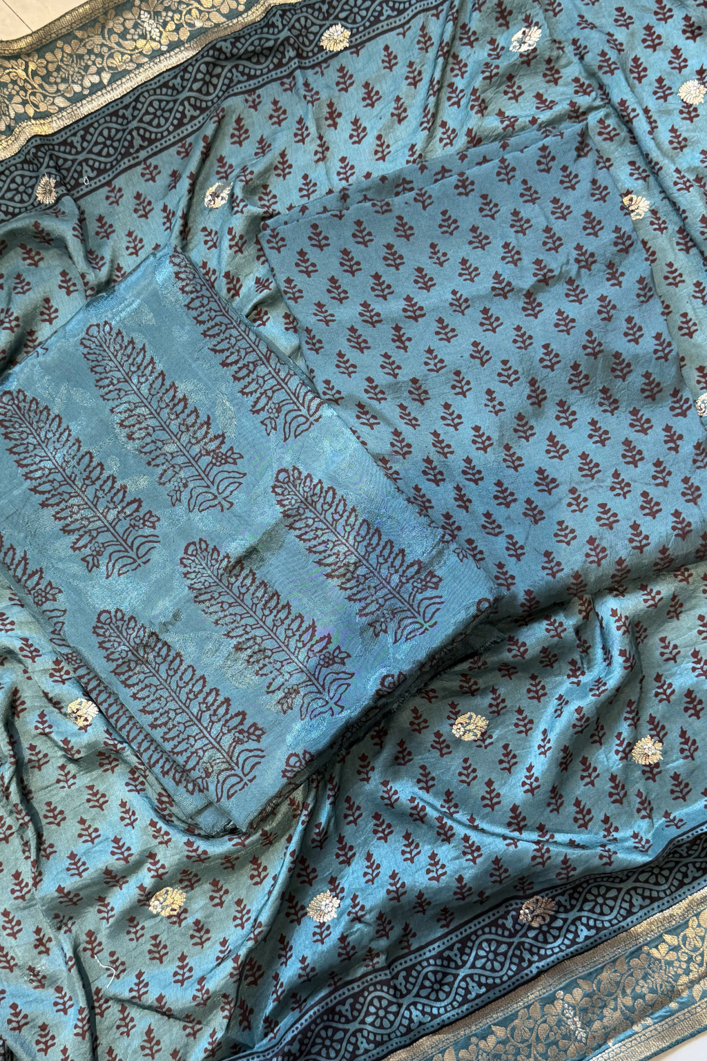 Hand Block bagh Printed Suit Set With Banarasi Weaving -  Dark teal blue color