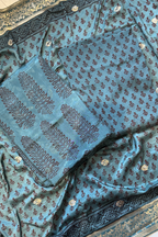 Hand Block bagh Printed Suit Set With Banarasi Weaving -  Dark teal blue color