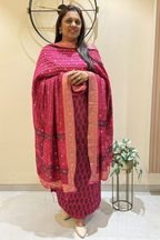 Hand Block bagh Printed Suit Set With Banarasi Weaving - Rani Pink Color