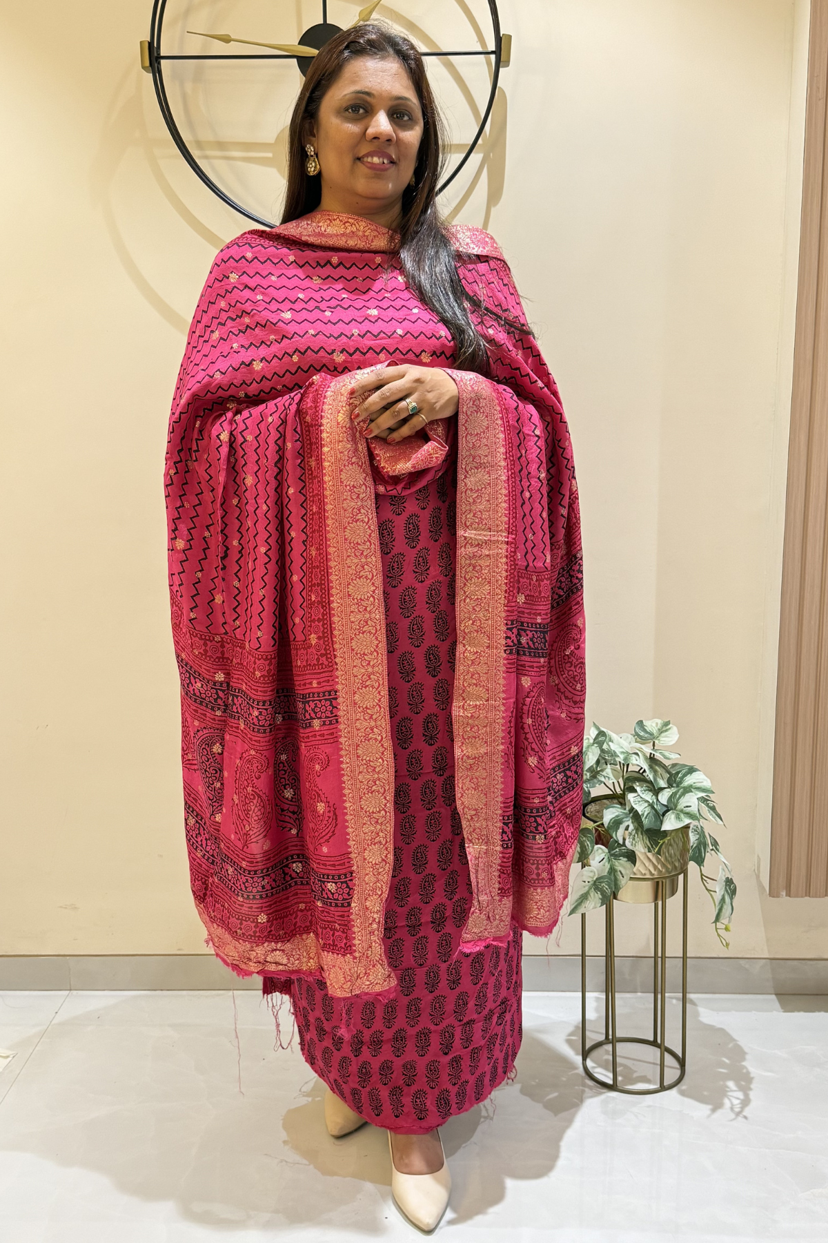 Hand Block bagh Printed Suit Set With Banarasi Weaving - Rani Pink Color