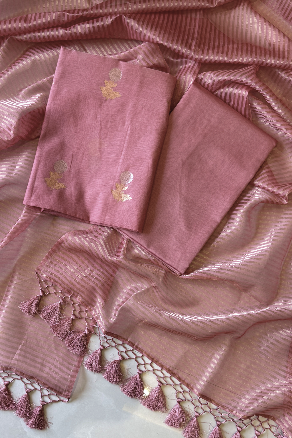 Pure Mul Chanderi With Kadwa Weaving - Onion Color
