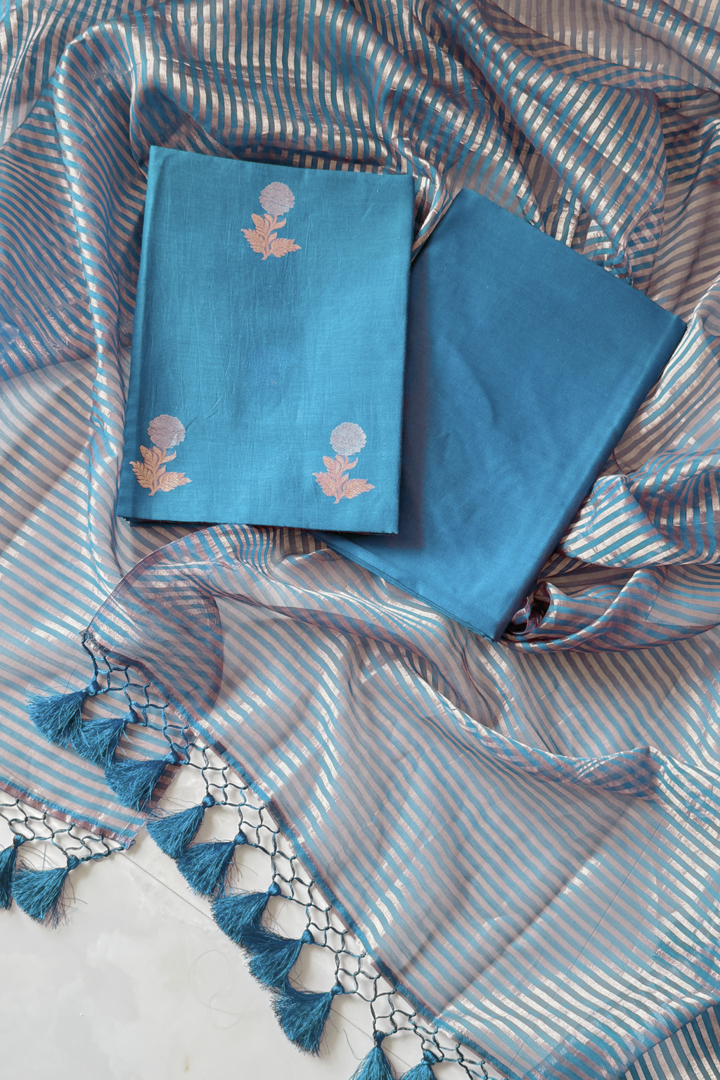 Pure Mul Chanderi With Kadwa Weaving -  Sky blue color