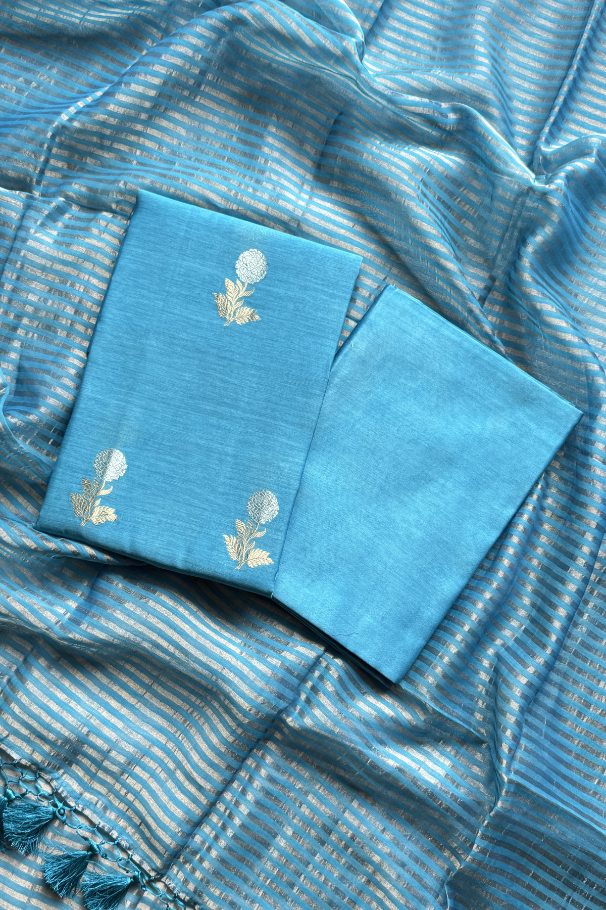 Pure Mul Chanderi With Kadwa Weaving -  Sky blue color