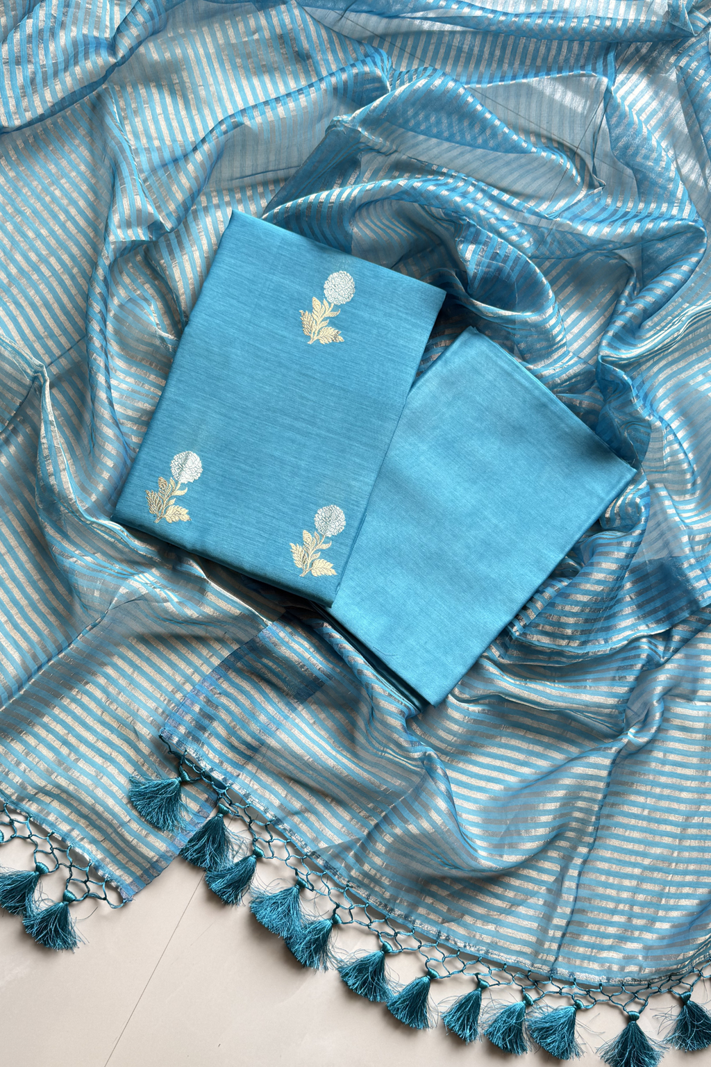 Pure Mul Chanderi With Kadwa Weaving -  Sky blue color