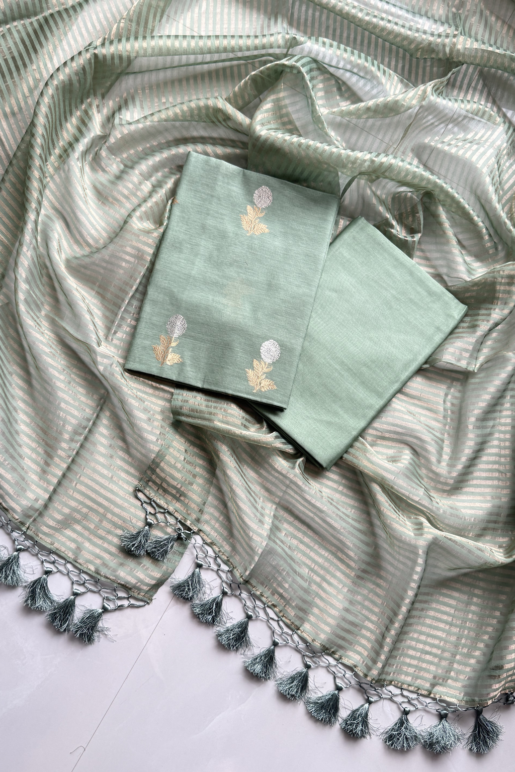 Pure Mul Chanderi With Kadwa Weaving -  Sage Green