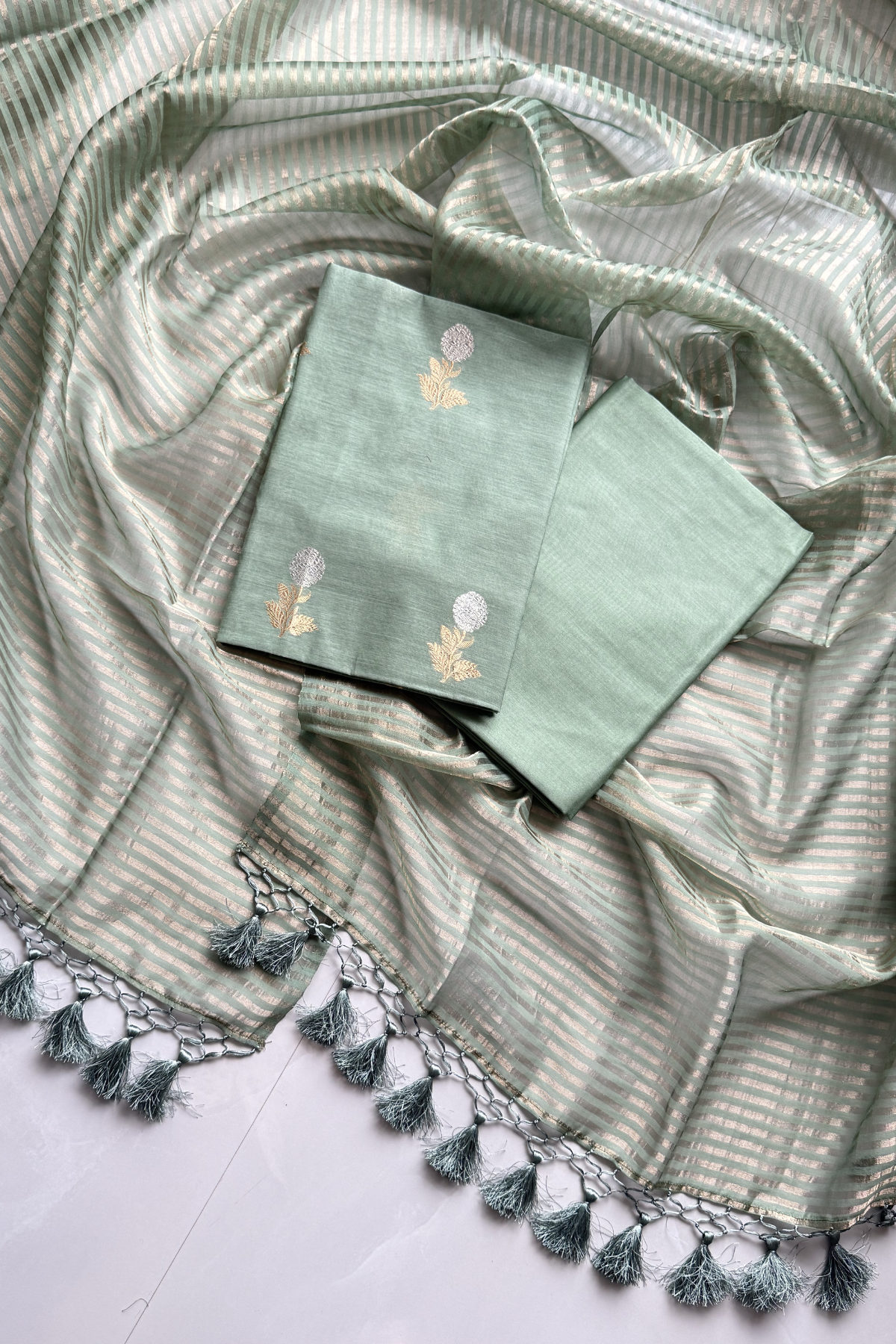 Pure Mul Chanderi With Kadwa Weaving -  Sage Green