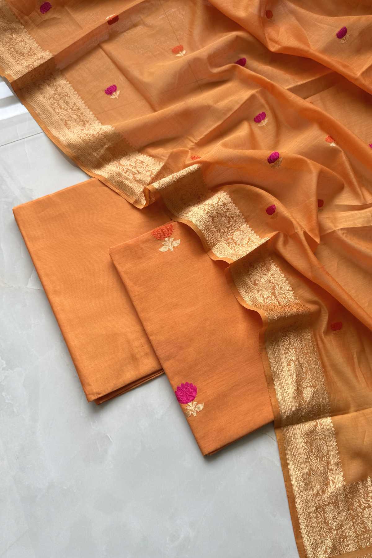 Pure Mul Chanderi With Kadwa Weaving - Orange