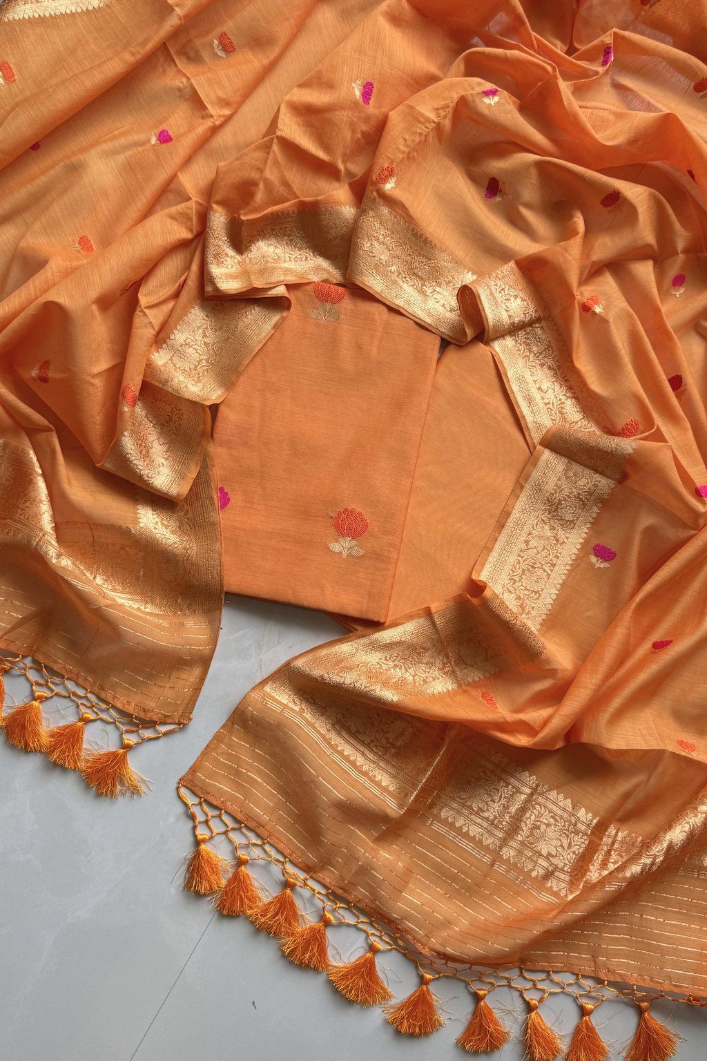 Pure Mul Chanderi With Kadwa Weaving - Orange