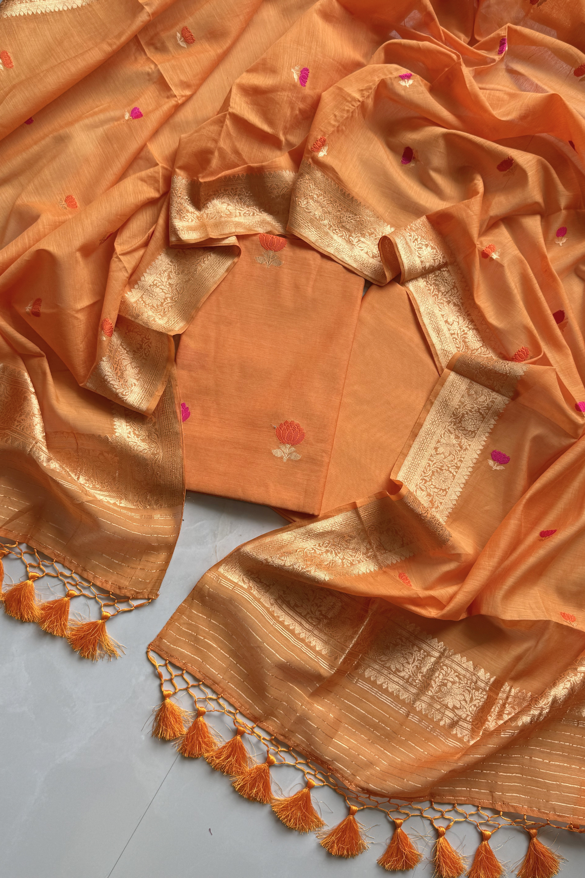 Pure Mul Chanderi With Kadwa Weaving - Orange