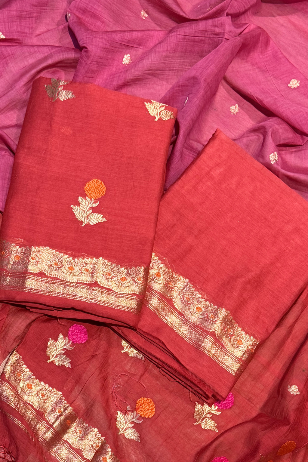 Pure Mul Chanderi With Kadwa Weaving - Red & Pink Ombre