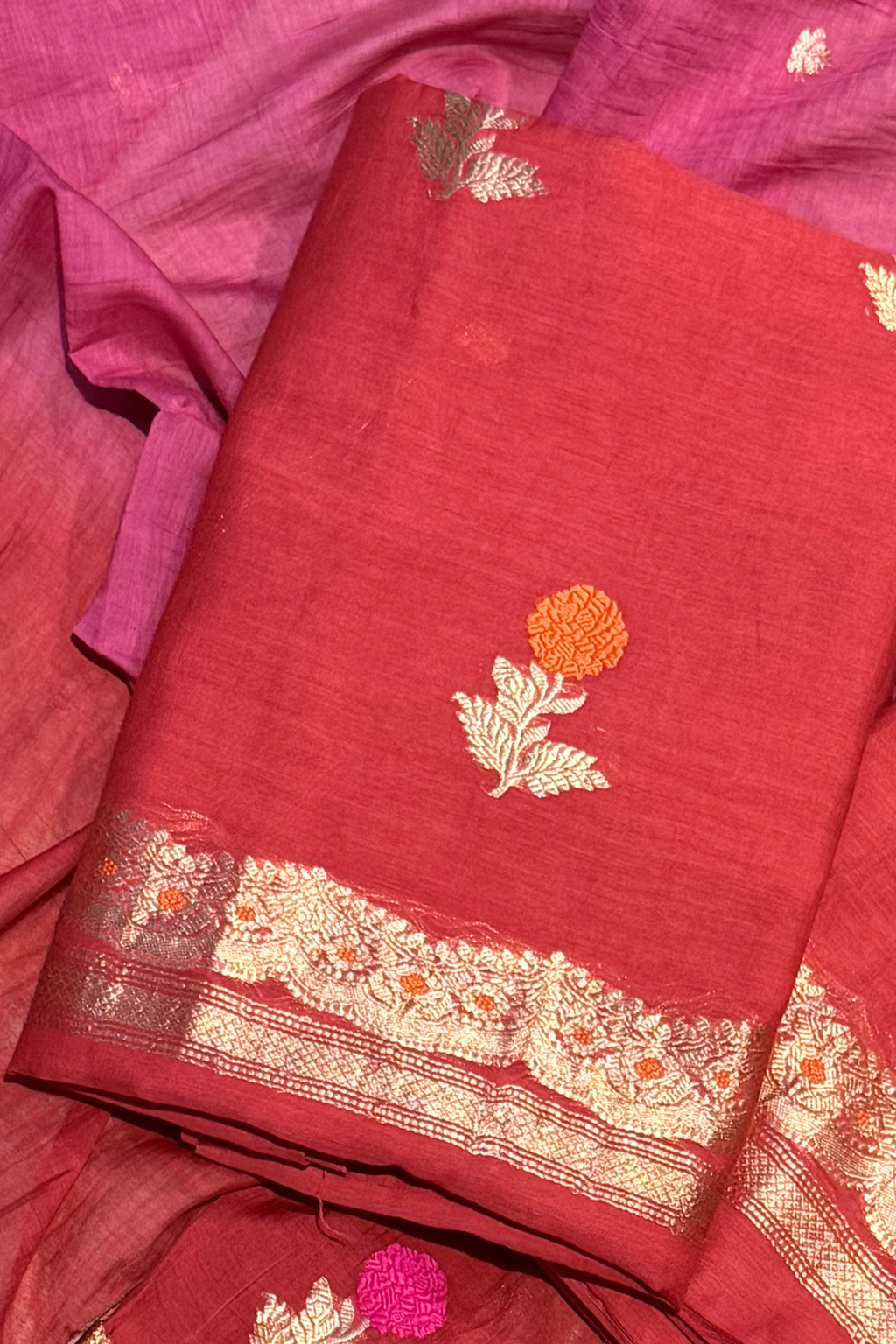 Pure Mul Chanderi With Kadwa Weaving - Red & Pink Ombre