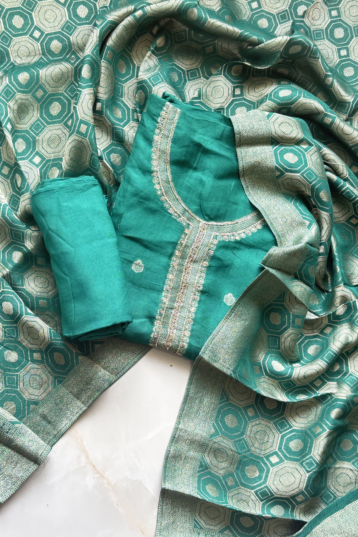 upada silk with Banarasi weaving - 3 Piece set - Mint Green