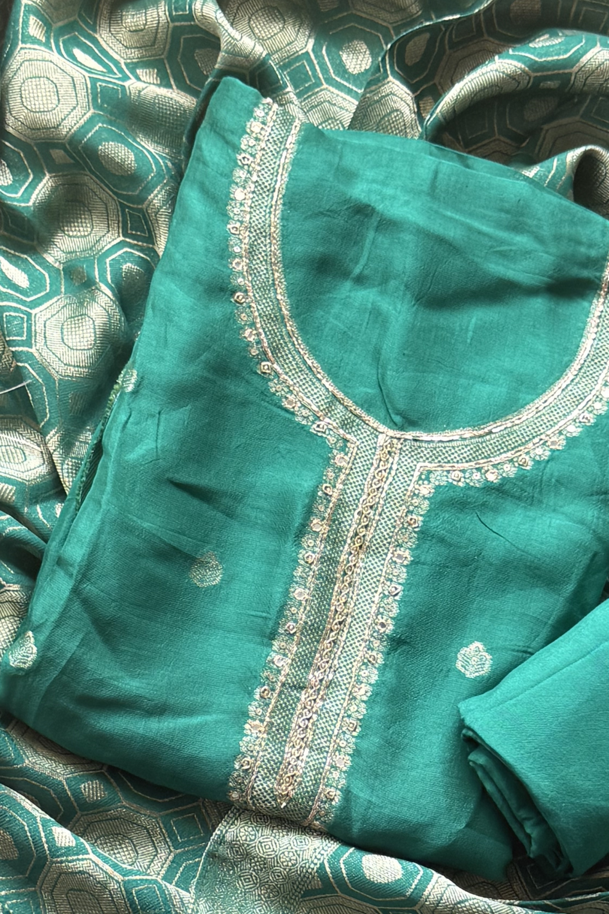 upada silk with Banarasi weaving - 3 Piece set - Mint Green