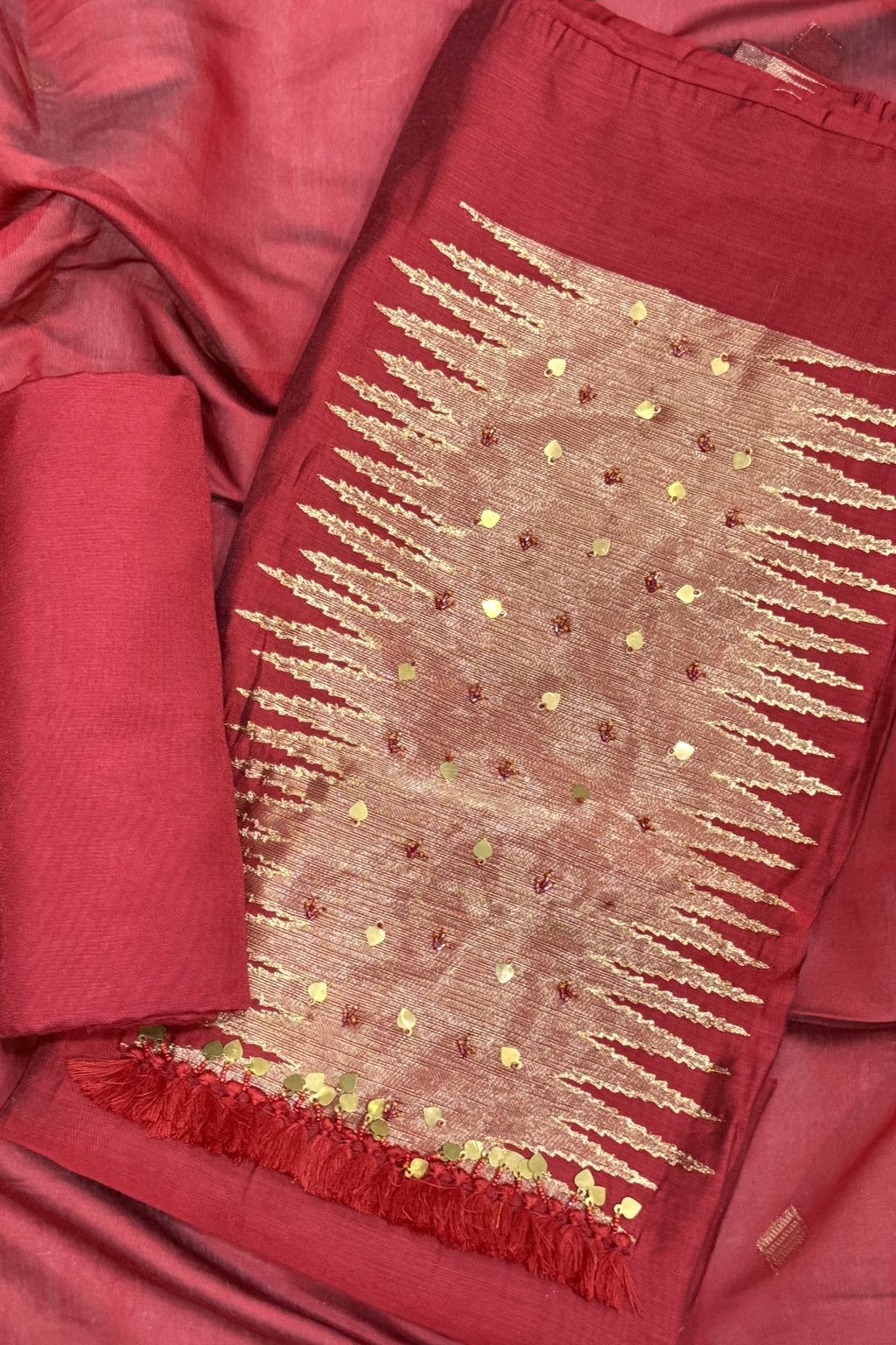 Chanderi silk with Banarasi weaving - 3 Piece set -Red Maroon