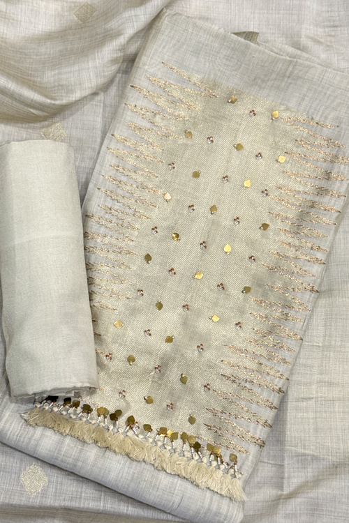 Chanderi silk with Banarasi weaving - 3 Piece set - Off- White