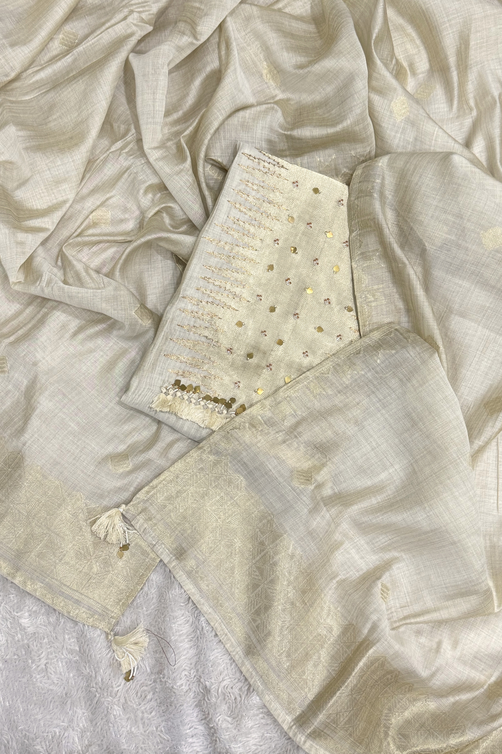 Chanderi silk with Banarasi weaving - 3 Piece set - Off- White