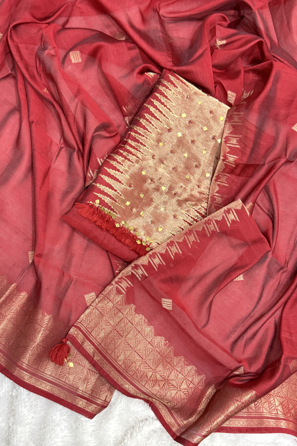 Chanderi silk with Banarasi weaving - 3 Piece set -Red Maroon