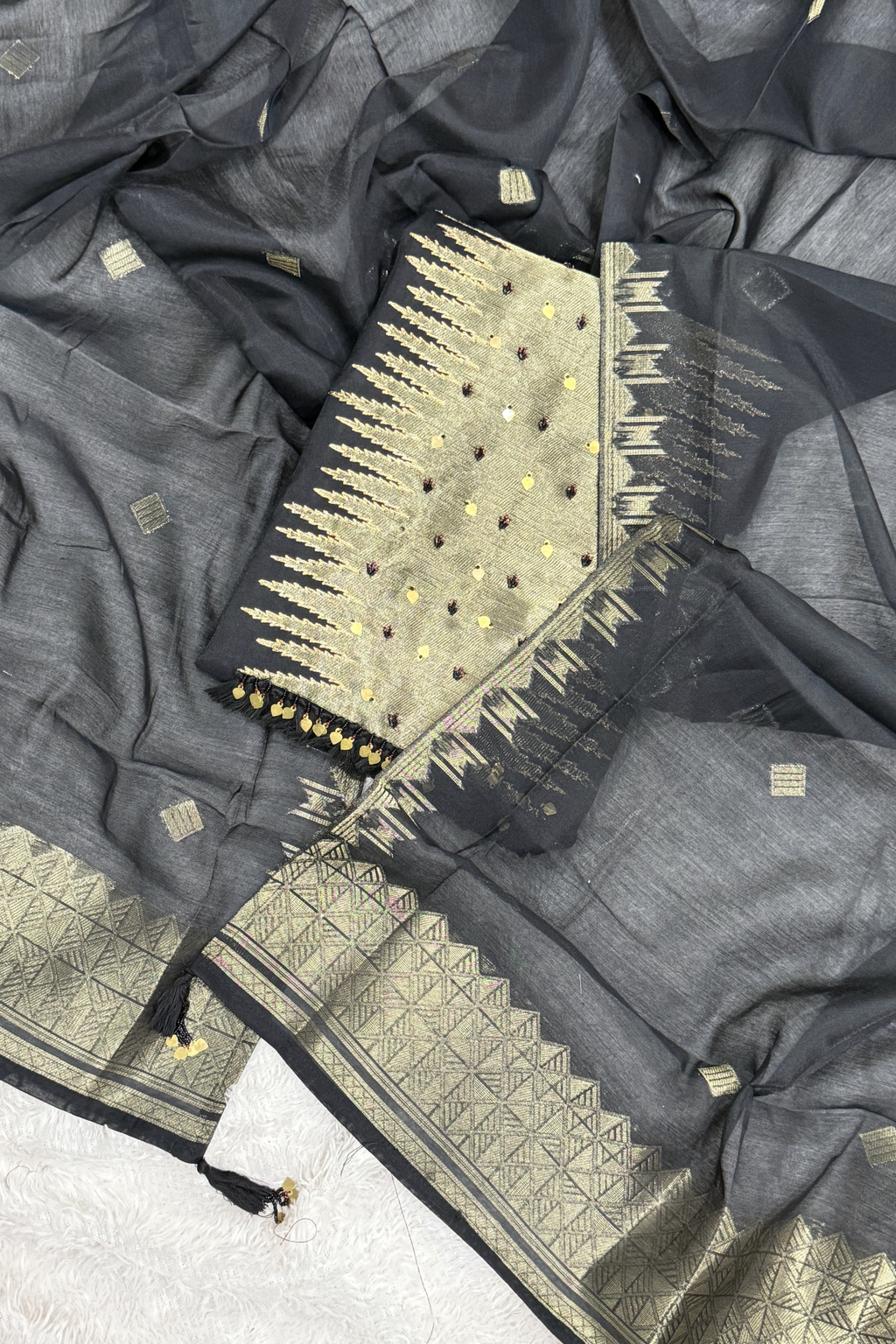 Chanderi silk with Banarasi weaving - 3 Piece set - Black