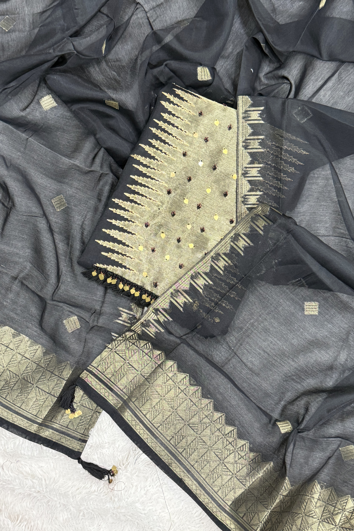 Chanderi silk with Banarasi weaving - 3 Piece set - Black