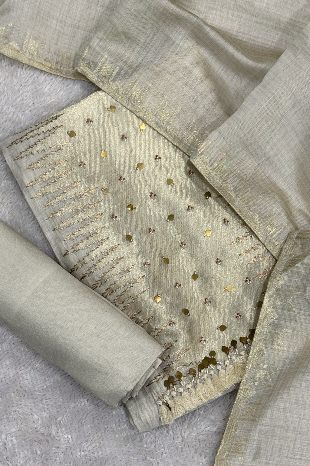 Chanderi silk with Banarasi weaving - 3 Piece set - Off- White