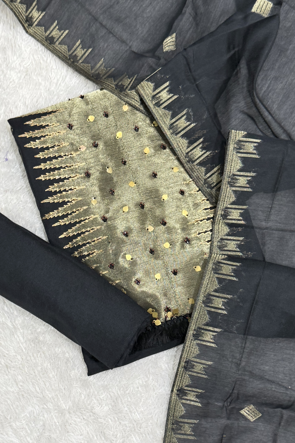 Chanderi silk with Banarasi weaving - 3 Piece set - Black