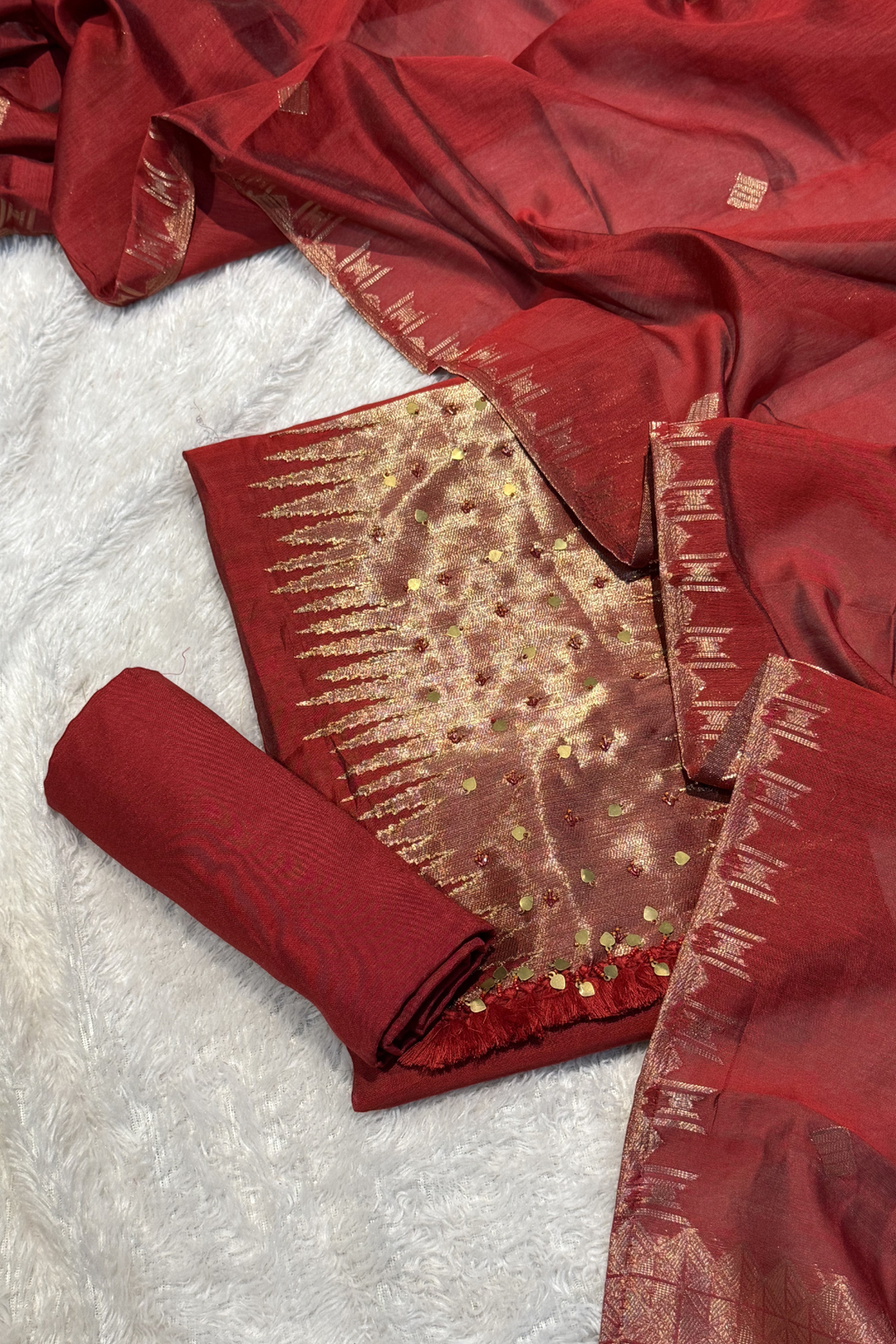 Chanderi silk with Banarasi weaving - 3 Piece set -Red Maroon