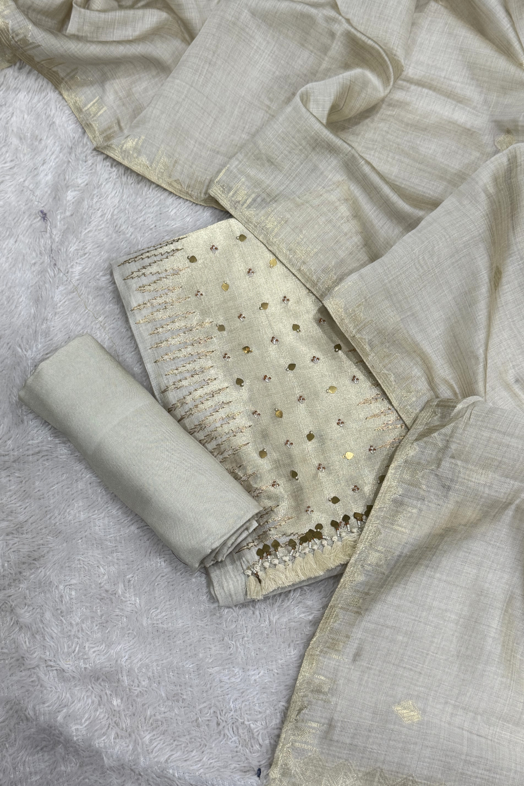Chanderi silk with Banarasi weaving - 3 Piece set - Off- White