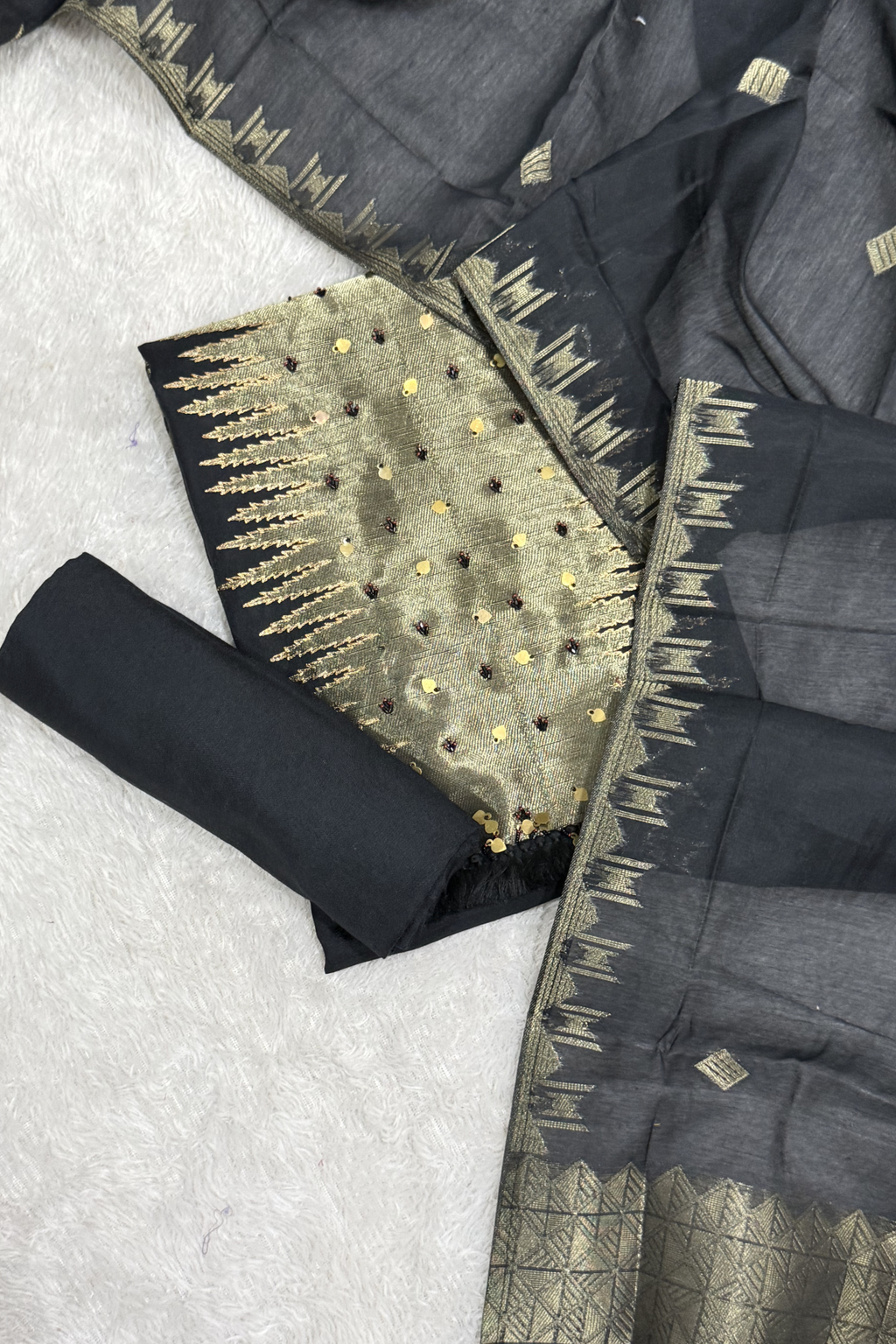 Chanderi silk with Banarasi weaving - 3 Piece set - Black