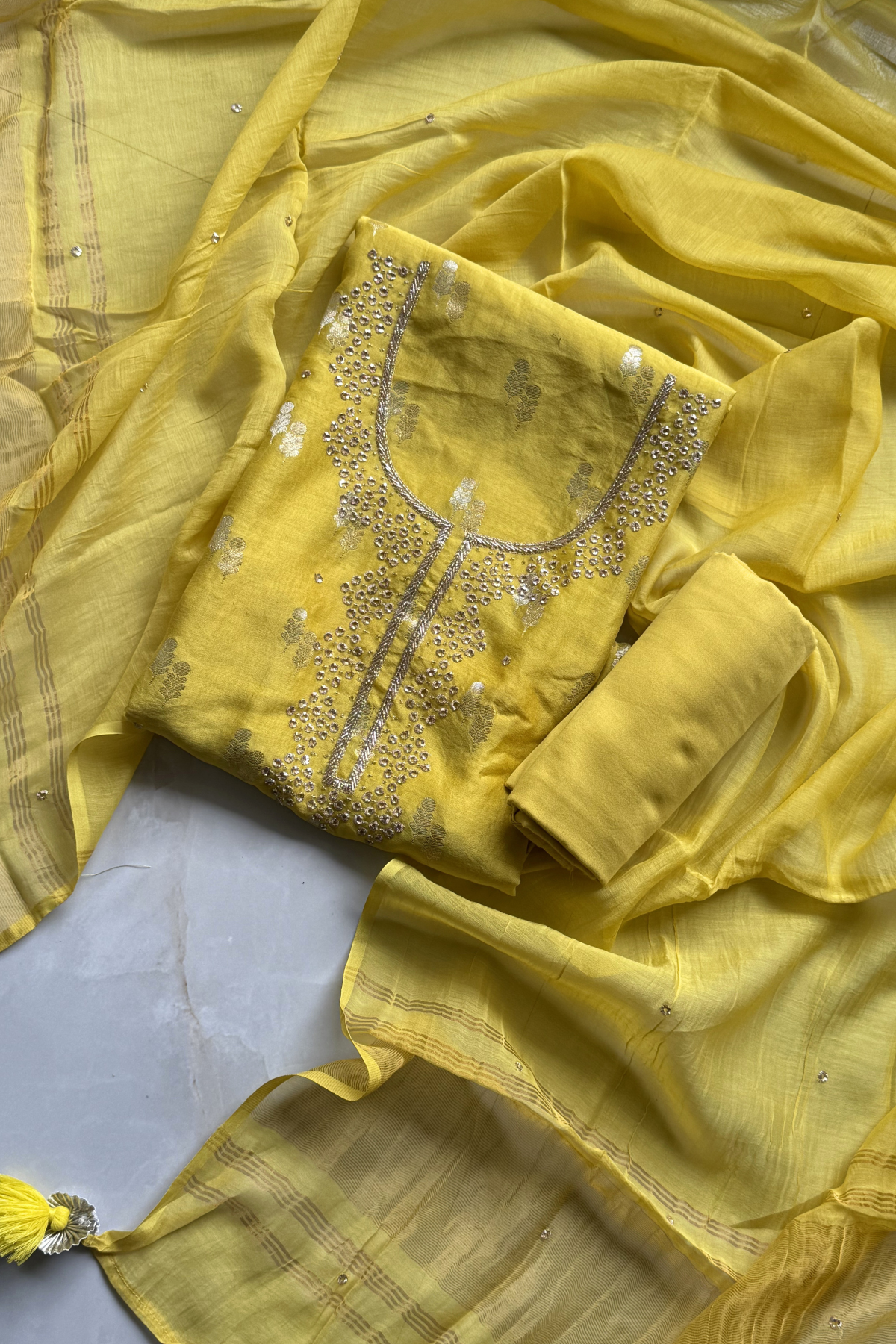 Chanderi silk with Banarasi weaving - 3 Piece set - Yellow