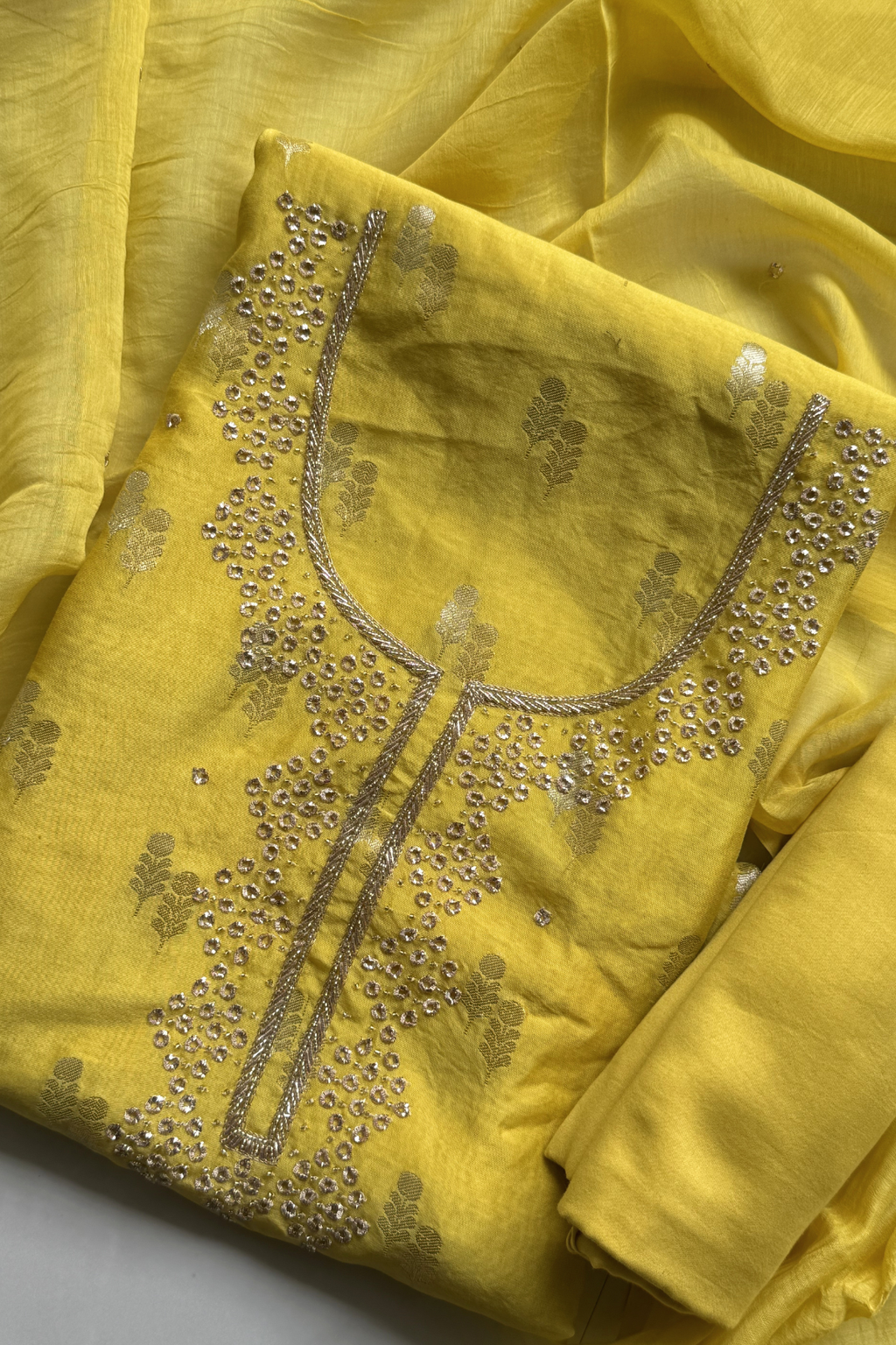 Chanderi silk with Banarasi weaving - 3 Piece set - Yellow