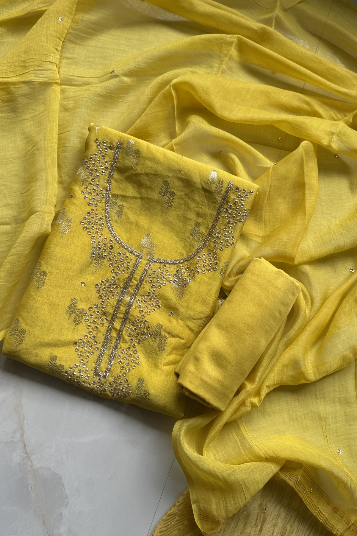 Chanderi silk with Banarasi weaving - 3 Piece set - Yellow