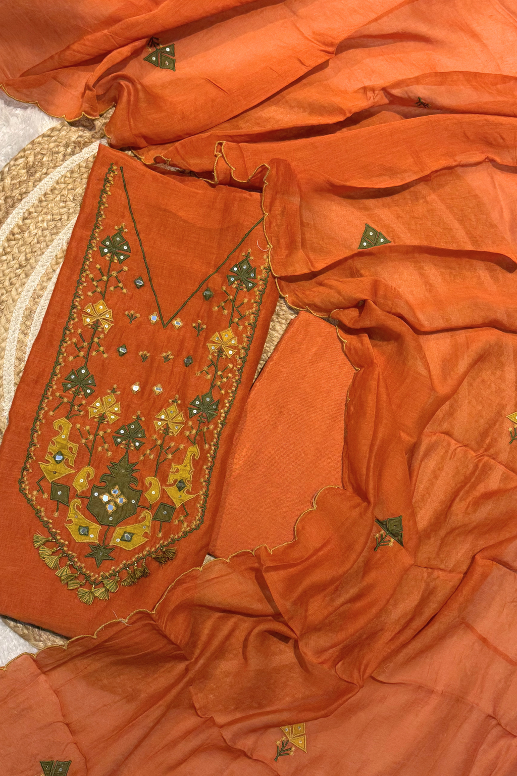 Applique Work Mul Chanderi 3 pc Suit Suit - Rust orange
