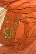 Applique Work Mul Chanderi 3 pc Suit Suit - Rust orange