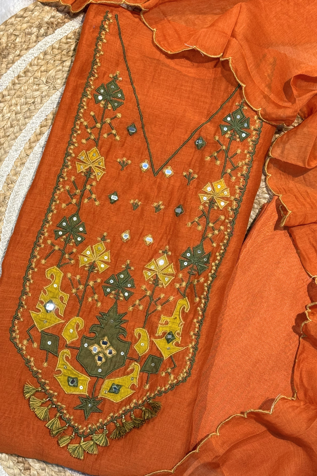 Applique Work Mul Chanderi 3 pc Suit Suit - Rust orange