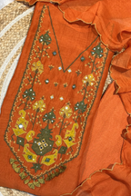 Applique Work Mul Chanderi 3 pc Suit Suit - Rust orange